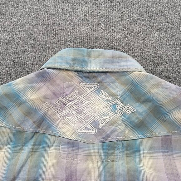 Guess Shirt Mens Medium Purple Blue Plaid Short Sleeve Western Pearl‎ Snap Rodeo - Picture 10 of 10
